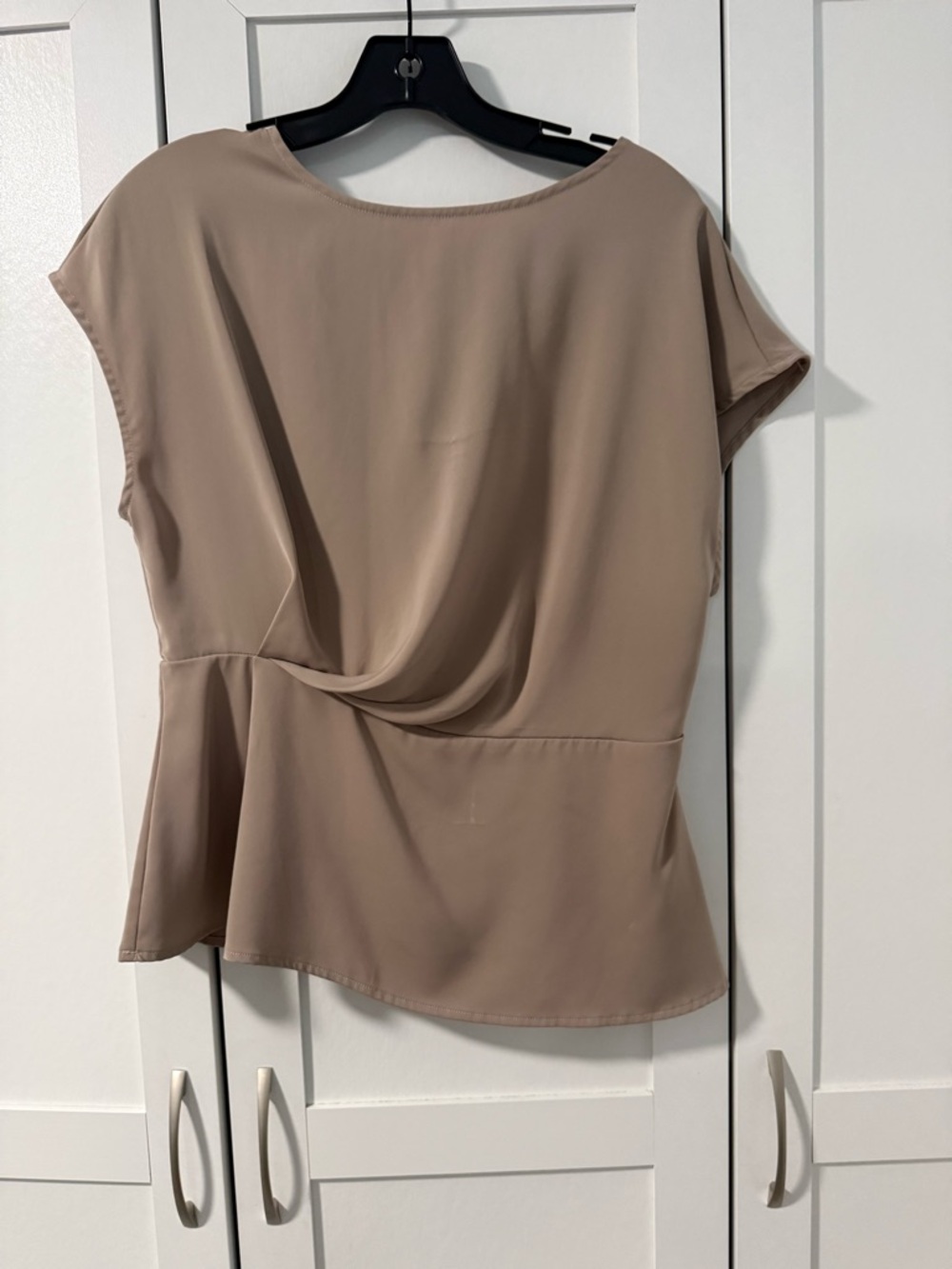 Boutique Taupe Short-Sleeve Draped Peplum Blouse